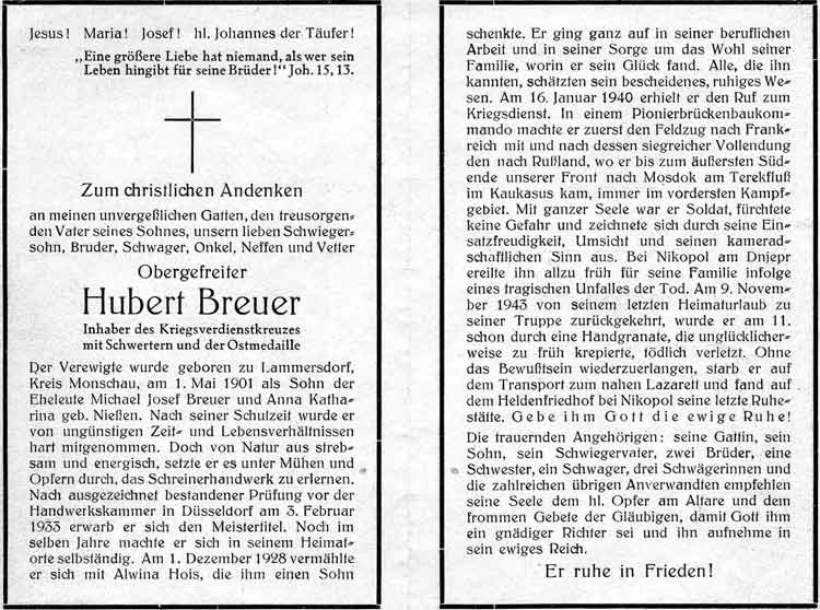 Miniatur Totenzettel Breuer Hubert